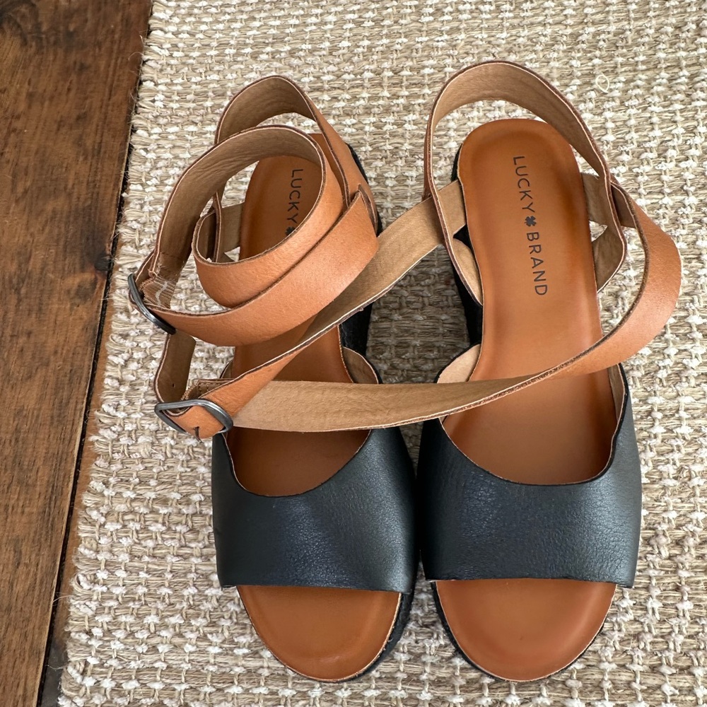 Lucky Brand Black and Brown Sandals with Ankle Straps